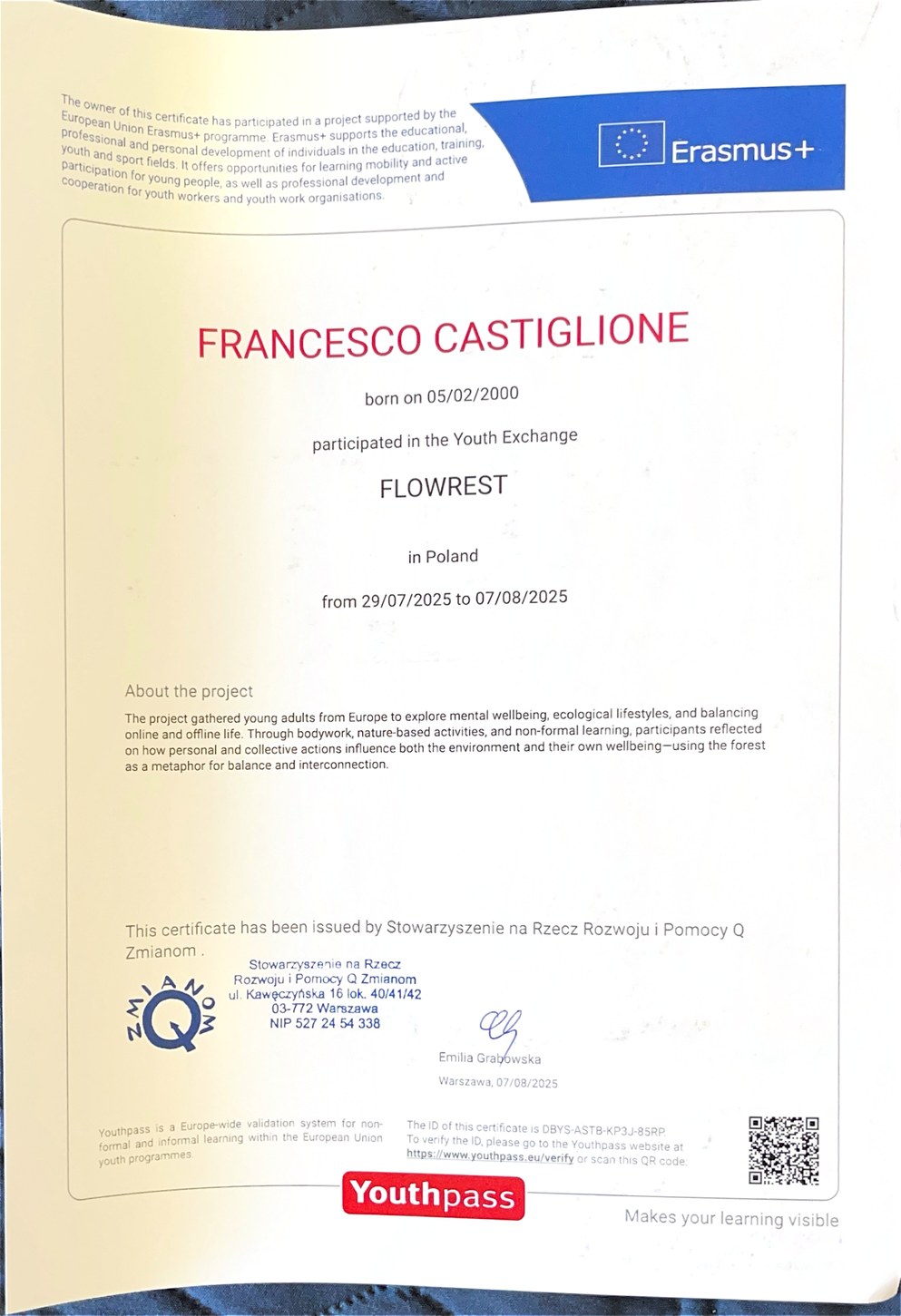 First page of Francesco Castiglione's Flowrest Erasmus+ Youth Exchange Youthpass