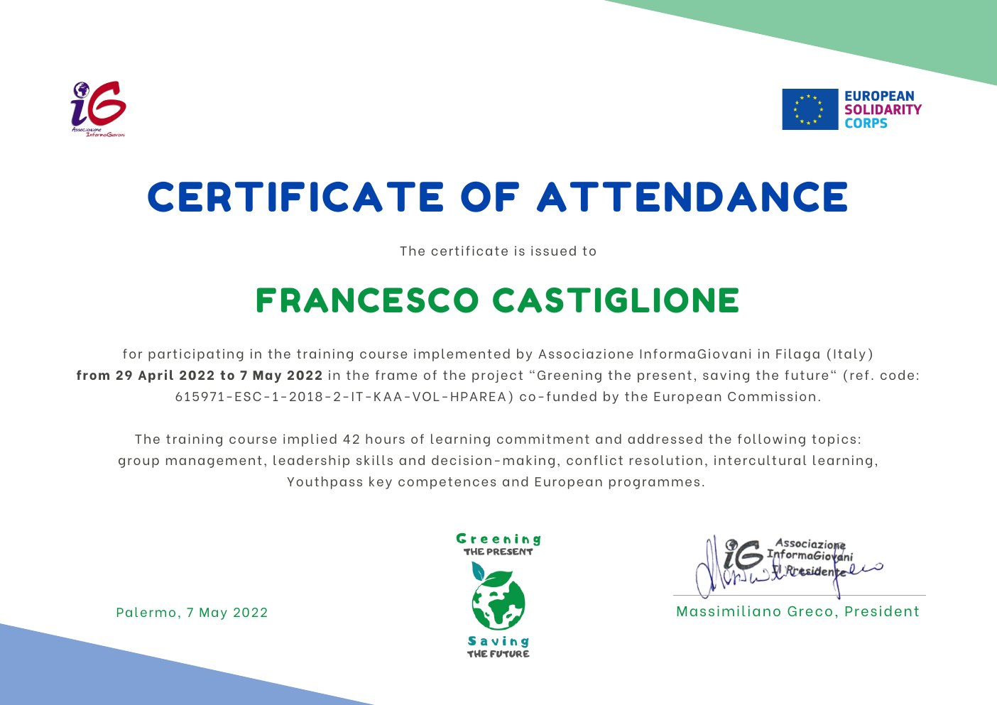 Preview of Greening the Present, Saving the Future Certificate