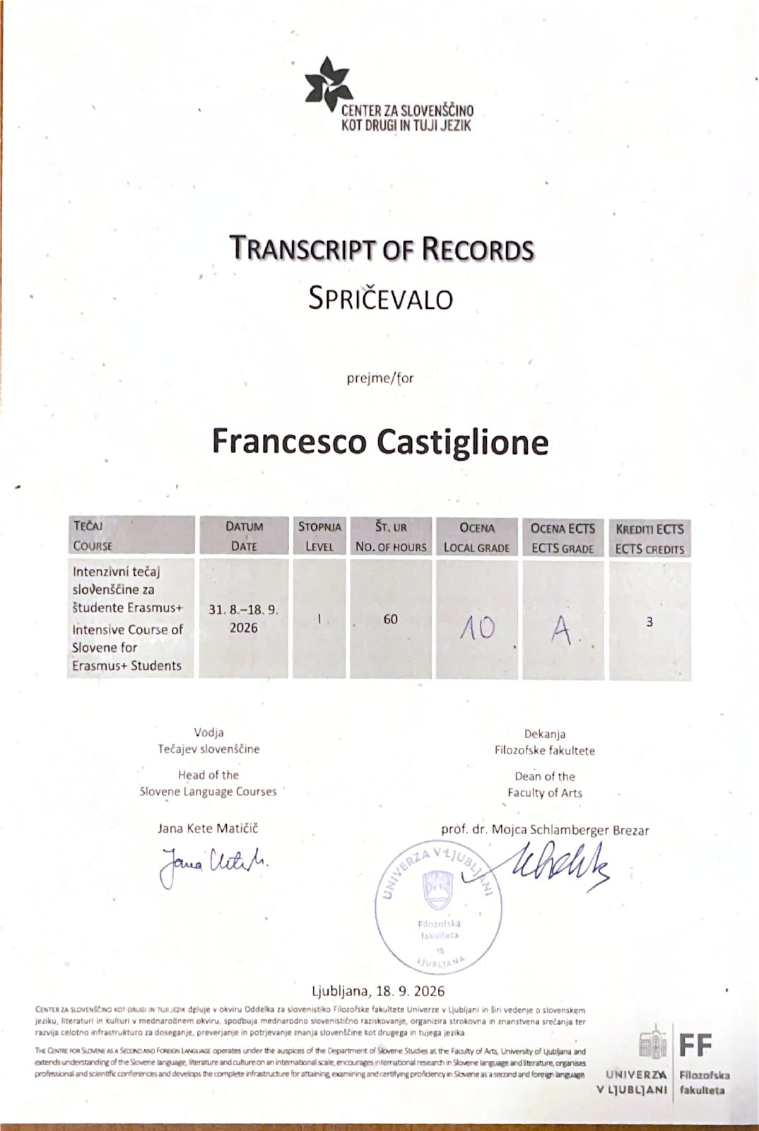 Certificate for Francesco Castiglione's intensive Slovene course at the University of Ljubljana