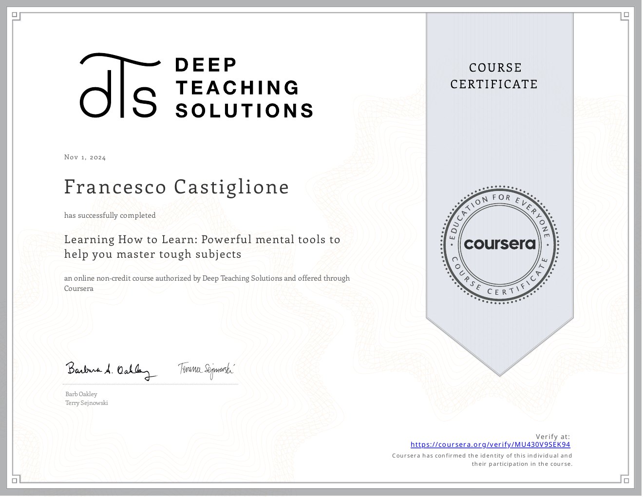 Preview of Learning How to Learn: Powerful Mental Tools to Help You Master Tough Subjects