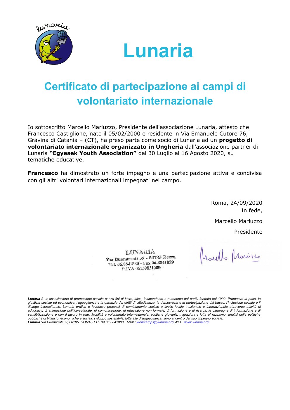 Preview of Certificato di partecipazione ai campi di volontariato internazionale