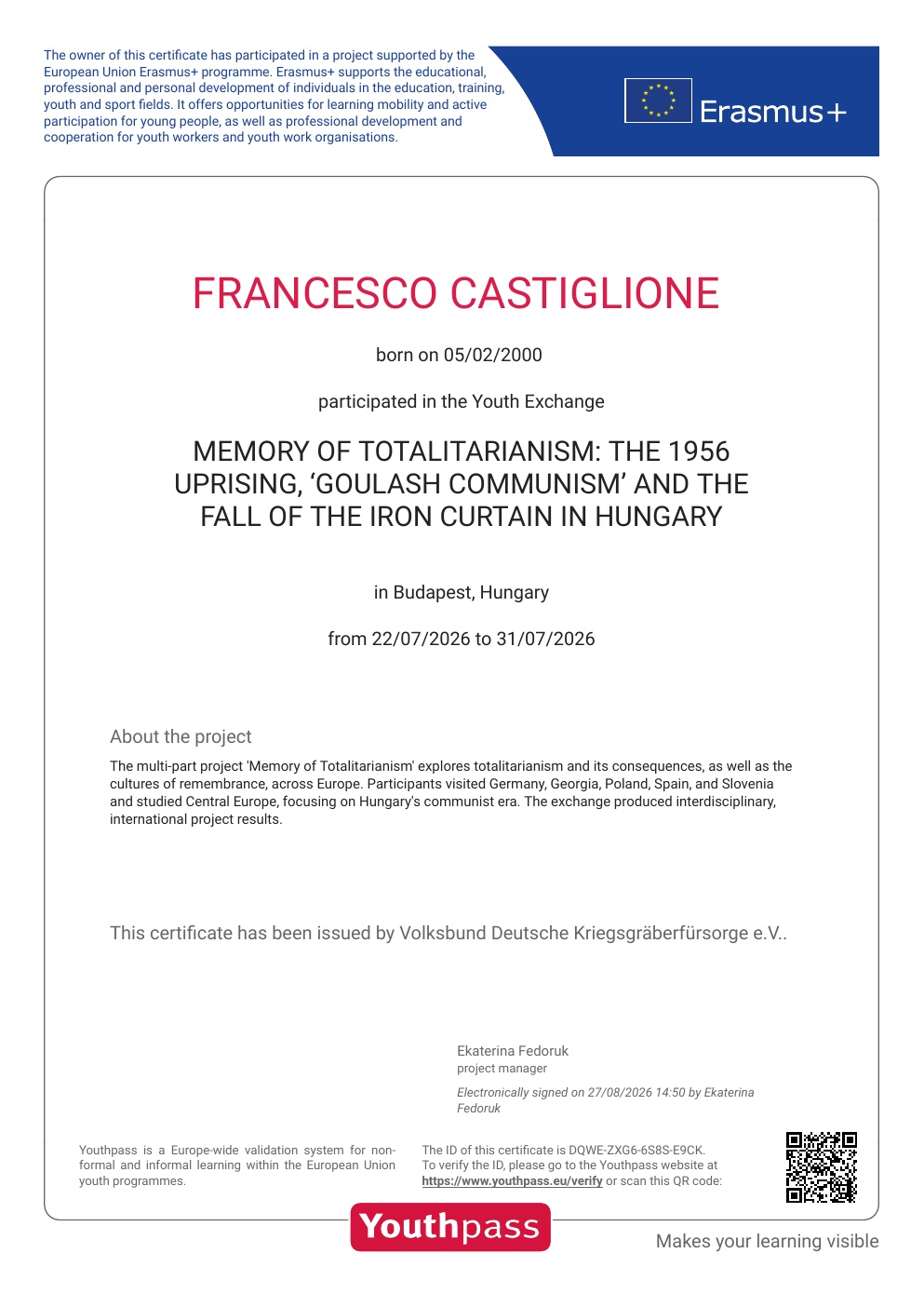 First page of Francesco Castiglione's Memory of Totalitarianism Youthpass