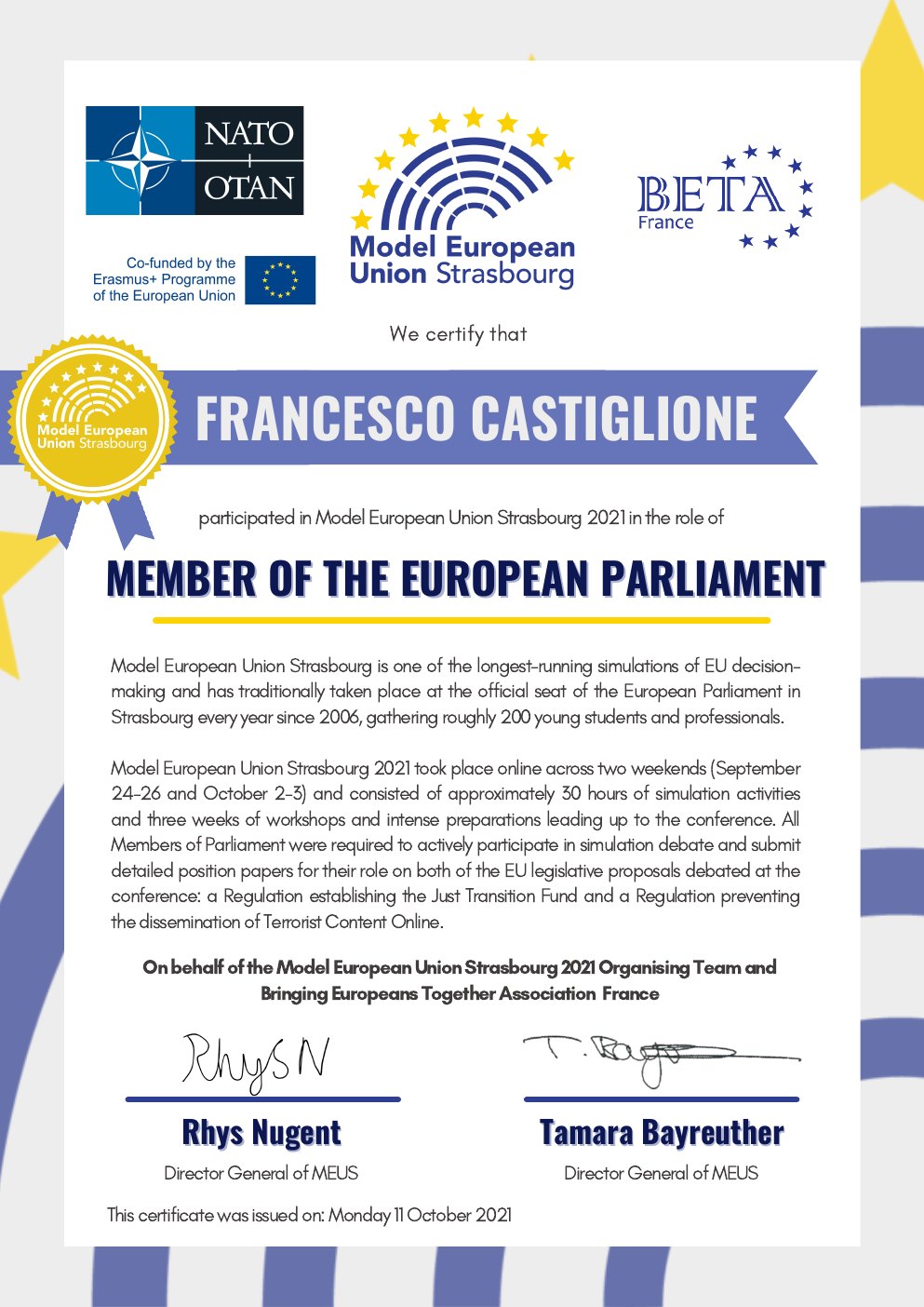 Preview of Model European Union Strasbourg 2021 Participant Certificate