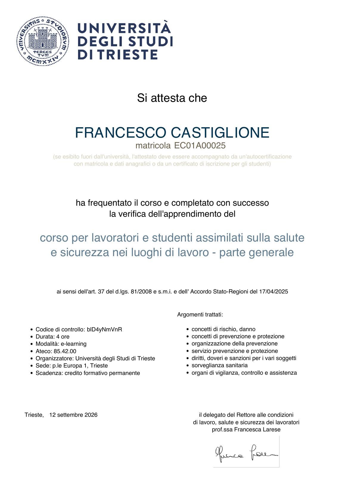 University of Trieste certificate for the general part of worker health and safety training