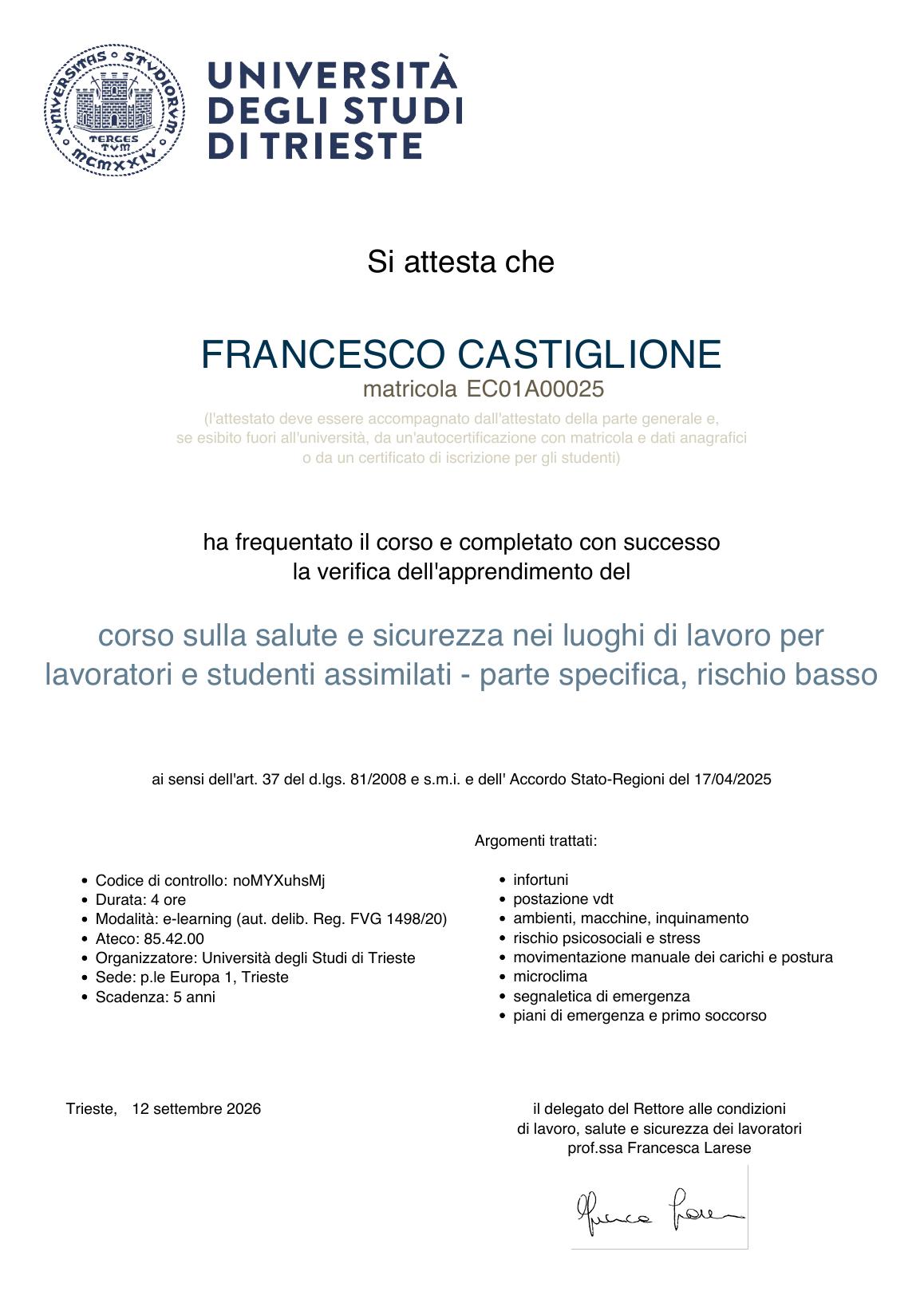 University of Trieste certificate for low-risk specific worker health and safety training